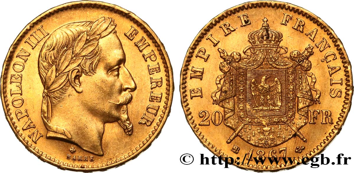 20 francs or Napoléon III, tête laurée 1867 Strasbourg F.532/16 SPL55 