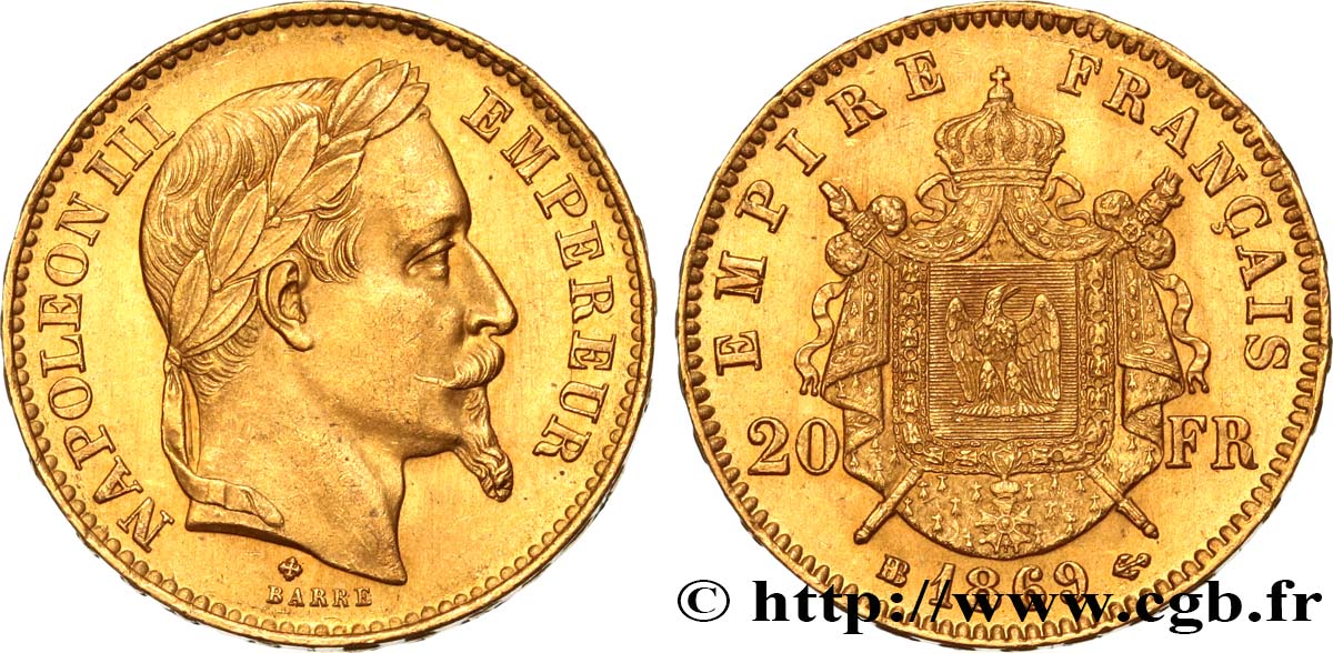 20 francs or Napoléon III, tête laurée, petit BB 1869 Strasbourg F.532/21 EBC58 