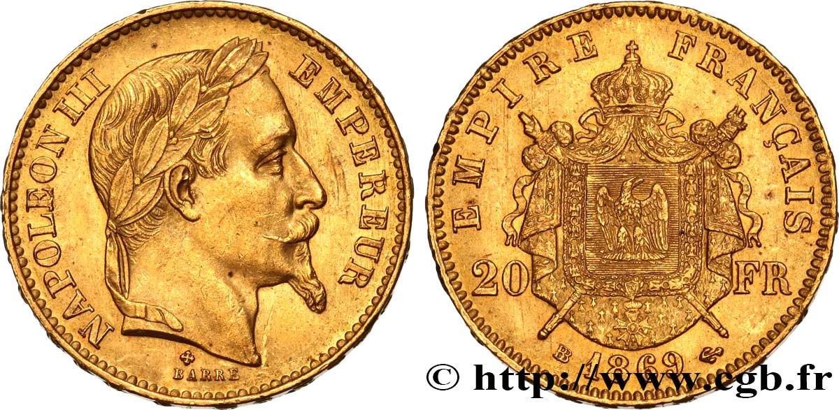 20 francs or Napoléon III, tête laurée, petit BB 1869 Strasbourg F.532/21 VZ58 
