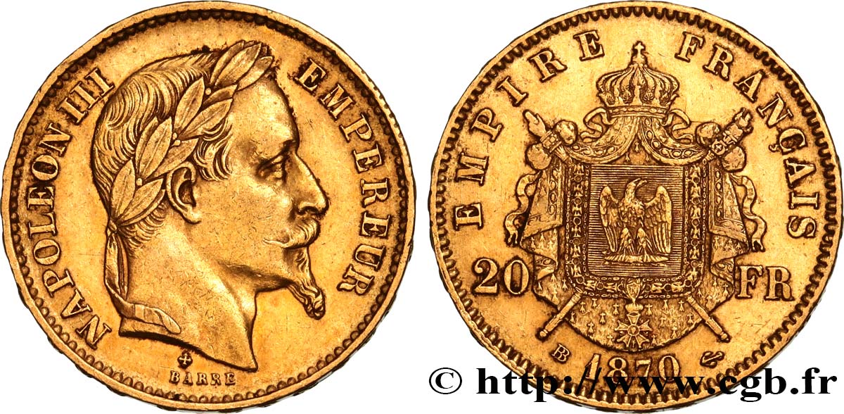 20 francs or Napoléon III, tête laurée 1870 Strasbourg F.532/24 TTB45 