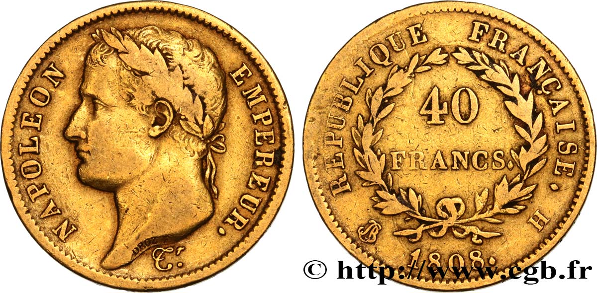 40 francs or Napoléon tête laurée, République française 1808 La Rochelle F.540/3 TB30 