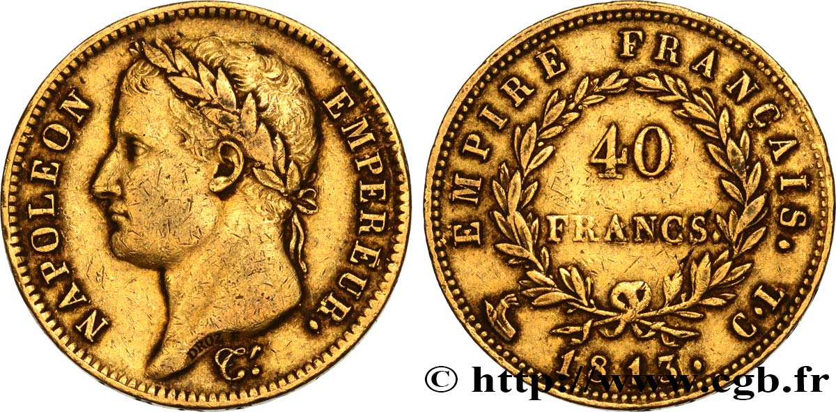 40 francs or Napoléon tête laurée, Empire français 1813 Gênes F.541/12 XF42 