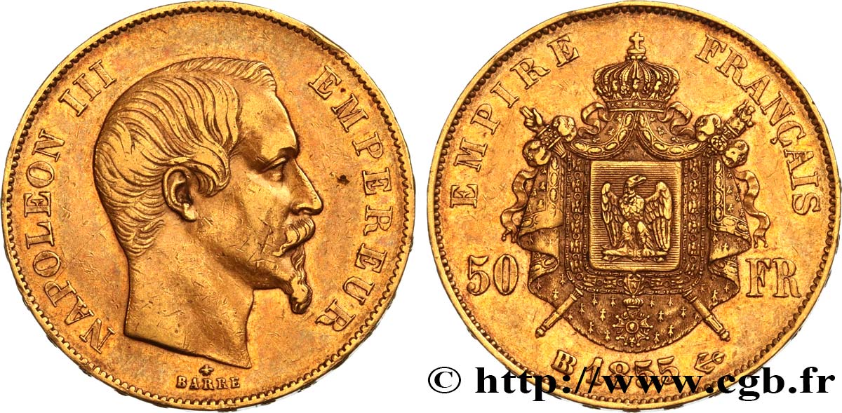 50 francs or Napoléon III, tête nue 1855 Strasbourg F.547/2 MBC45 
