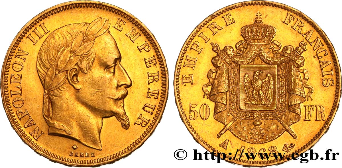 50 francs or Napoléon III, tête laurée 1868 Paris F.548/10 BB52 