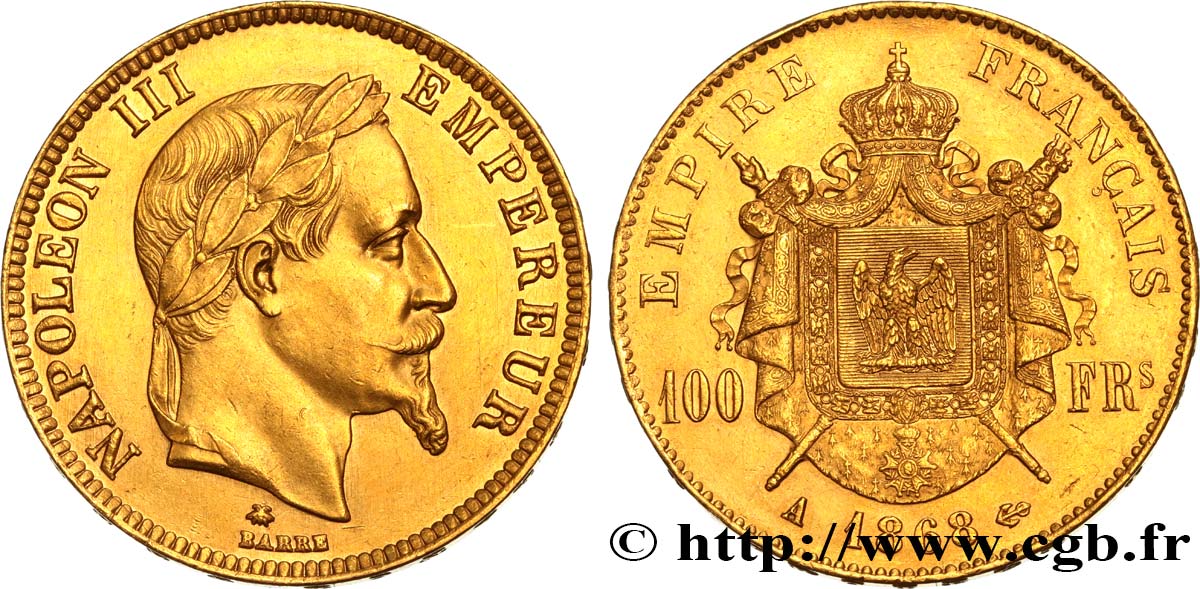100 francs or Napoléon III, tête laurée 1868 Paris F.551/10 SUP 