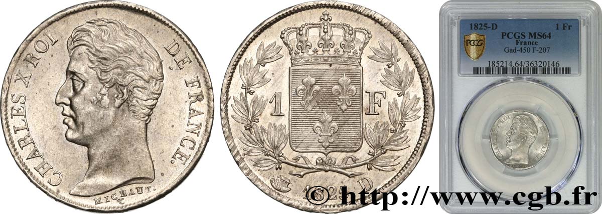 1 franc Charles X, matrice du revers à cinq feuilles 1825 Lyon F.207/4 fST64 PCGS