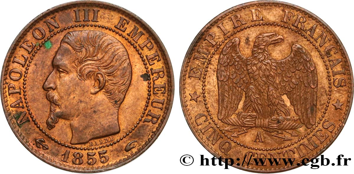 Cinq centimes Napoléon III, tête nue 1855 Paris F.116/17 SUP58 