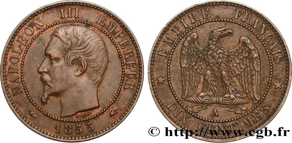 Dix centimes Napoléon III, tête nue 1855 Paris F.133/19 BB50 