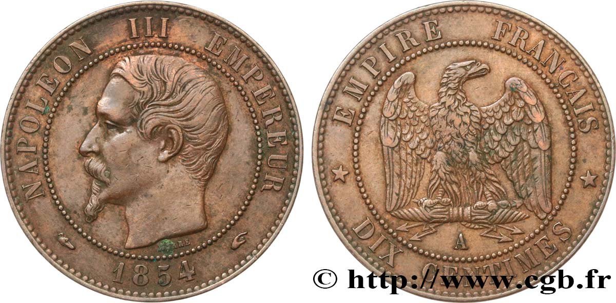 Dix centimes Napoléon III, tête nue 1854 Paris F.133/11 MBC48 