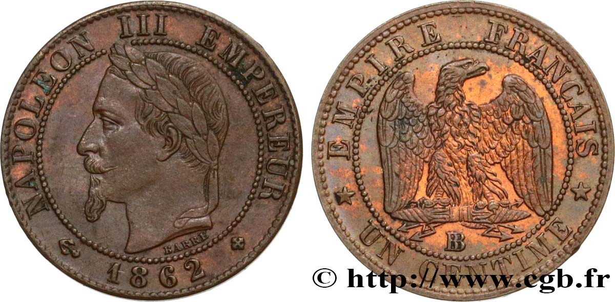 Un centime Napoléon III, tête laurée 1862 Strasbourg F.103/6 BB52 