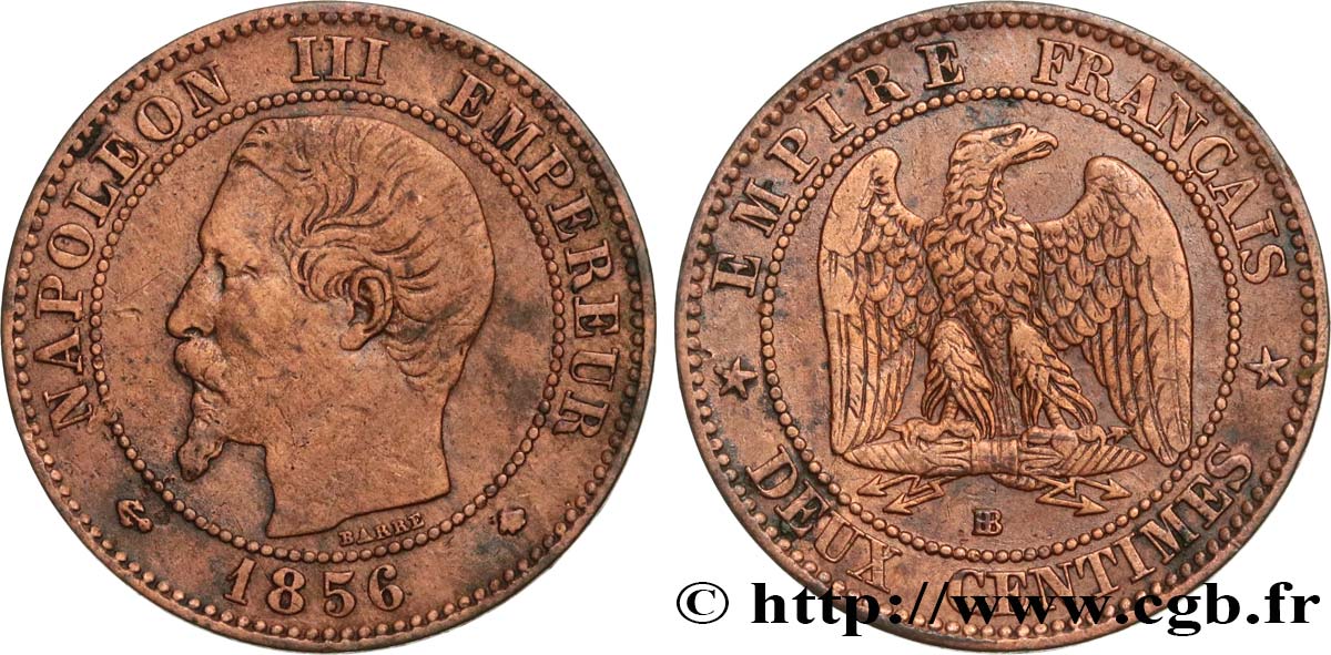 Deux centimes Napoléon III, tête nue 1856 Strasbourg F.107/40 TB35 