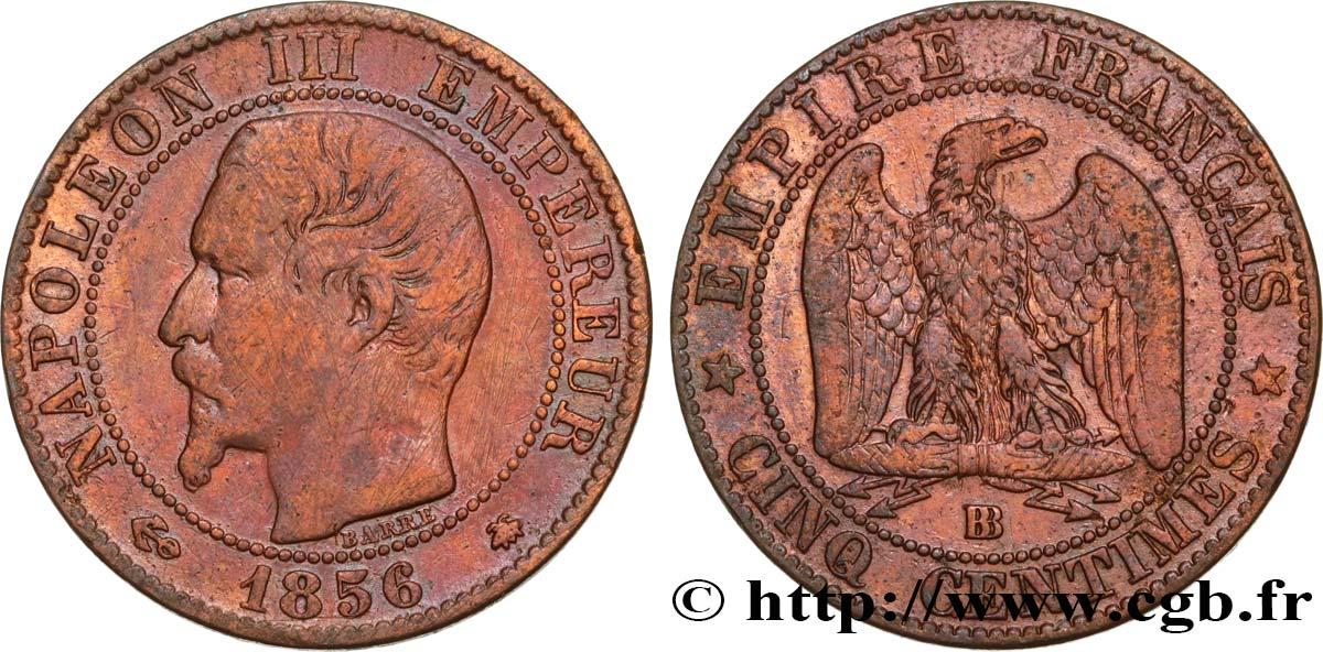 Cinq centimes Napoléon III, tête nue 1856 Strasbourg F.116/32 BC 
