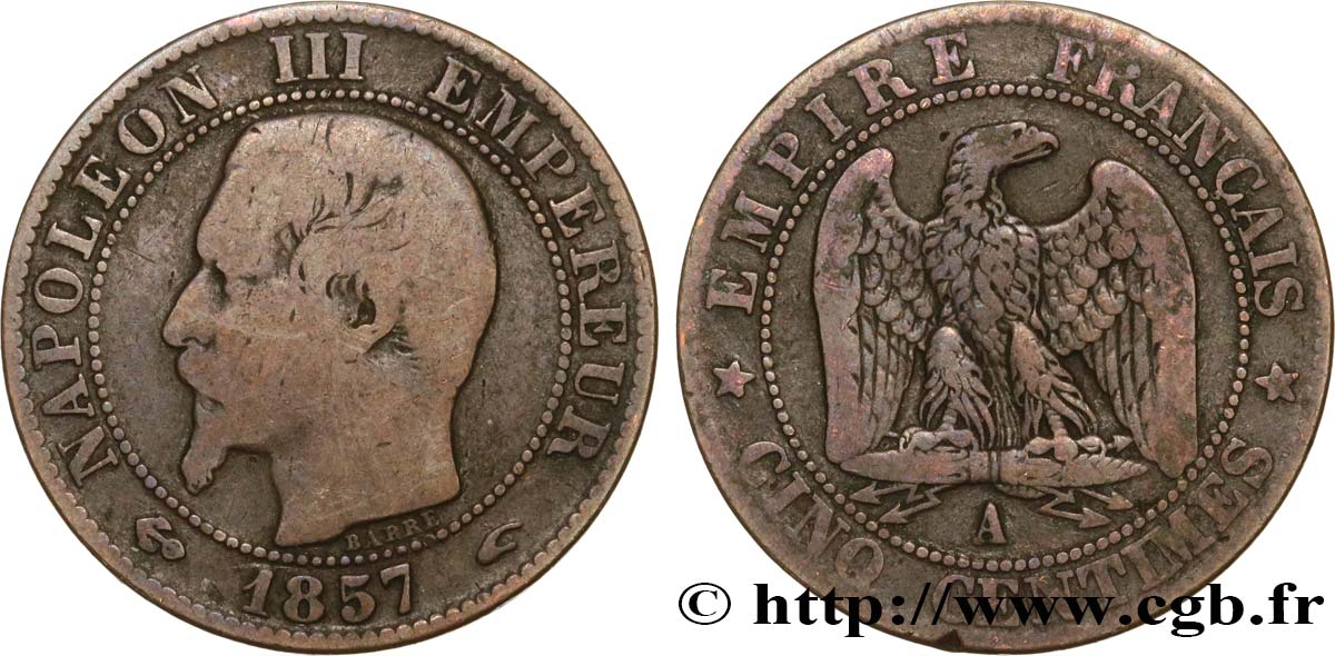 Cinq centimes Napoléon III, tête nue 1857 Paris F.116/37 F15 