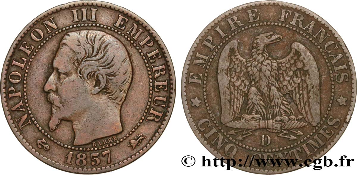Cinq centimes Napoléon III, tête nue 1857 Lyon F.116/40 S35 