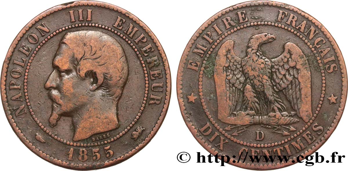 Dix centimes Napoléon III, tête nue 1855 Lyon F.133/25 S15 
