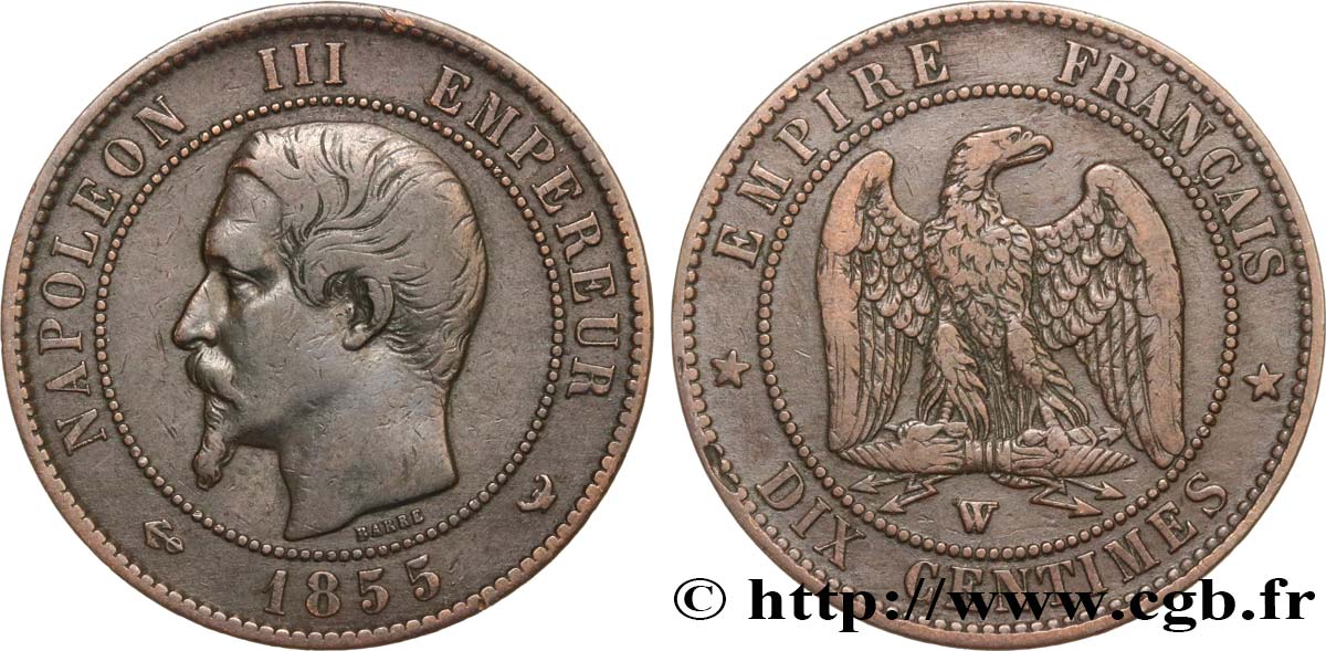 Dix centimes Napoléon III, tête nue 1855 Lille F.133/33 BC35 