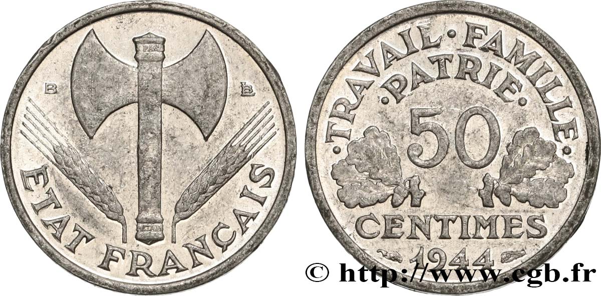 50 centimes Francisque, légère 1944 Beaumont-Le-Roger F.196/5 S35 