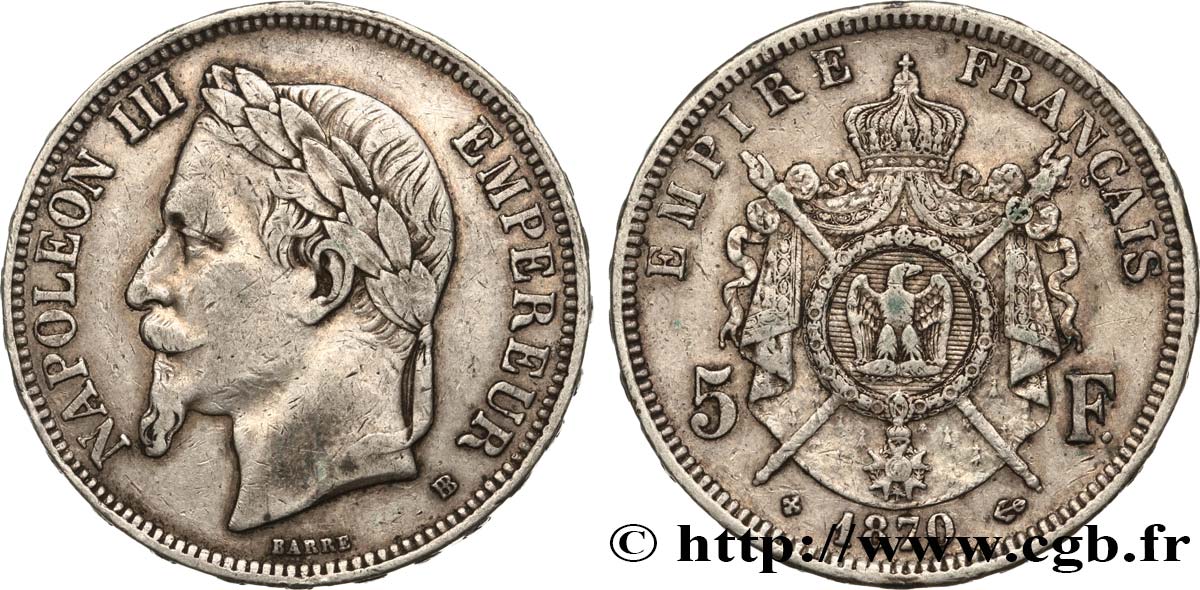 5 francs Napoléon III, tête laurée 1870 Strasbourg F.331/17 TB35 