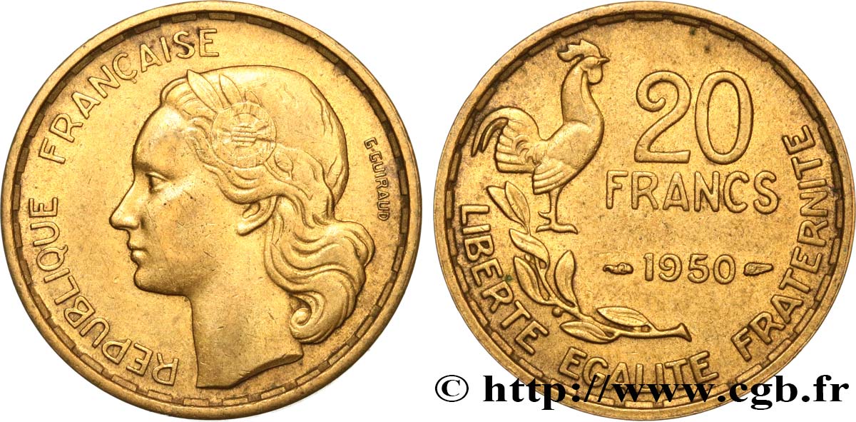 20 francs G. Guiraud, 3 faucilles 1950  F.402/2 AU50 