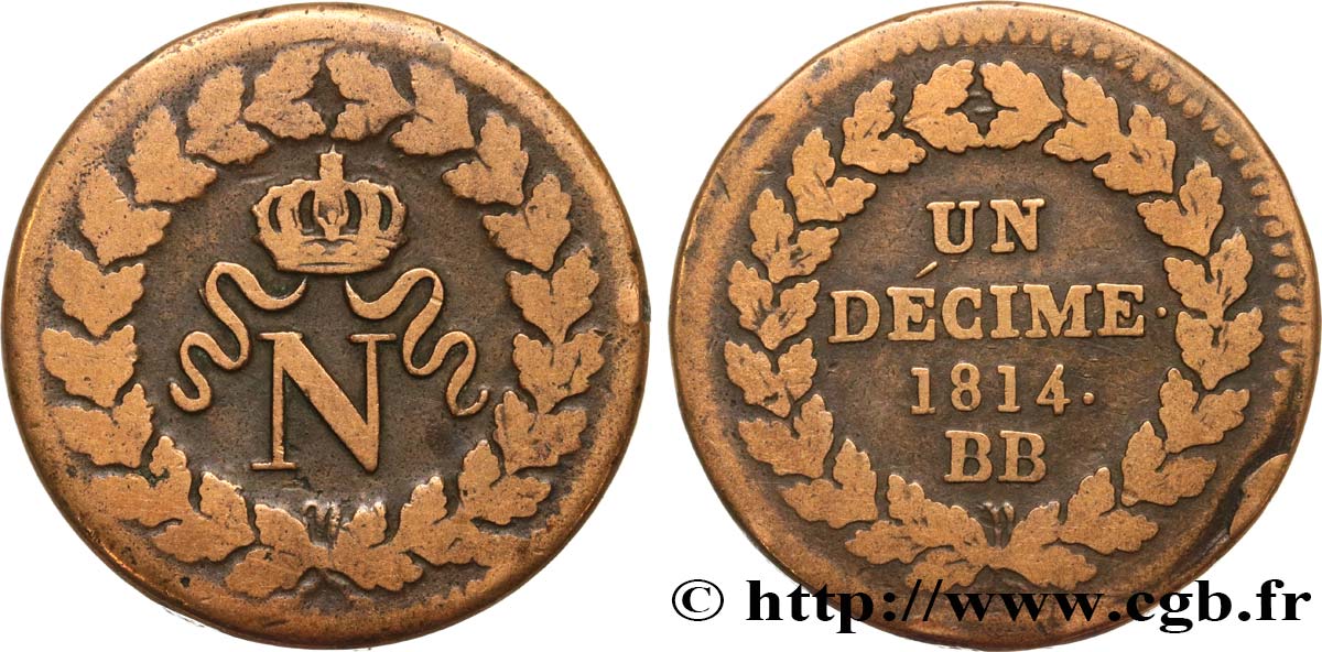Un décime à l’N couronnée 1814 Strasbourg F.131/3 TB20 
