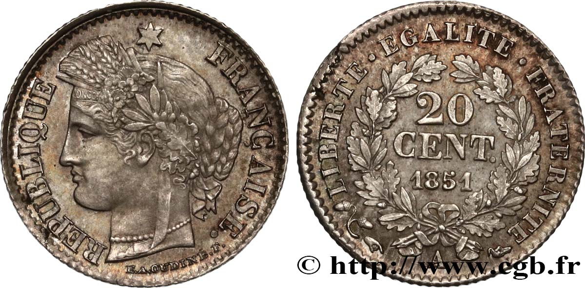 20 centimes Cérès, IIe République 1851 Paris F.146/7 SUP 