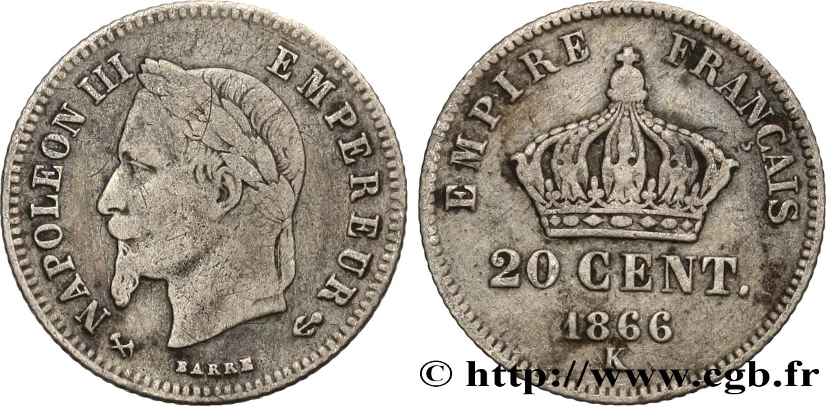 20 centimes Napoléon III, tête laurée, petit module 1866 Bordeaux F.149/6 F12 