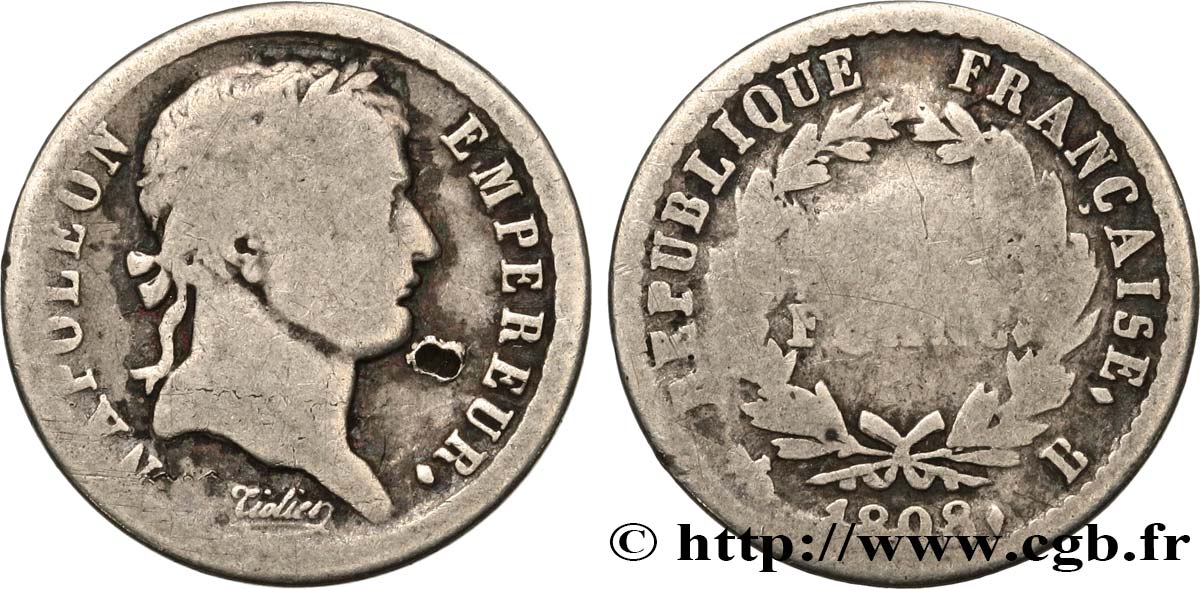 Demi-franc Napoléon Ier tête laurée, République française, buste fin 1808 Rouen F.177/3 q.B 