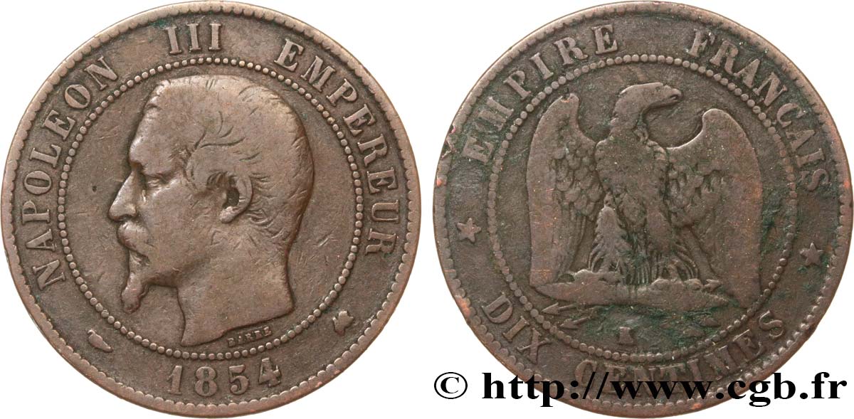 Dix centimes Napoléon III, tête nue 1854 Bordeaux F.133/16 q.MB 