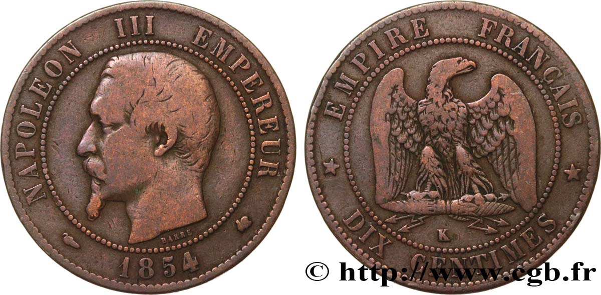 Dix centimes Napoléon III, tête nue 1854 Bordeaux F.133/16 BC25 