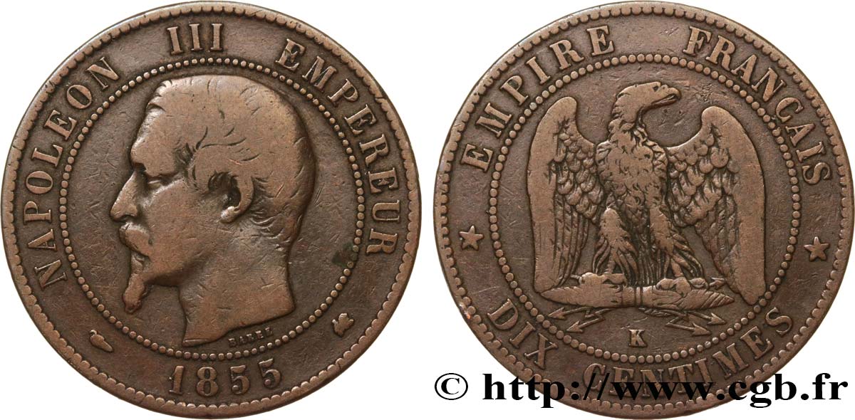 Dix centimes Napoléon III, tête nue 1855 Bordeaux F.133/27 S20 