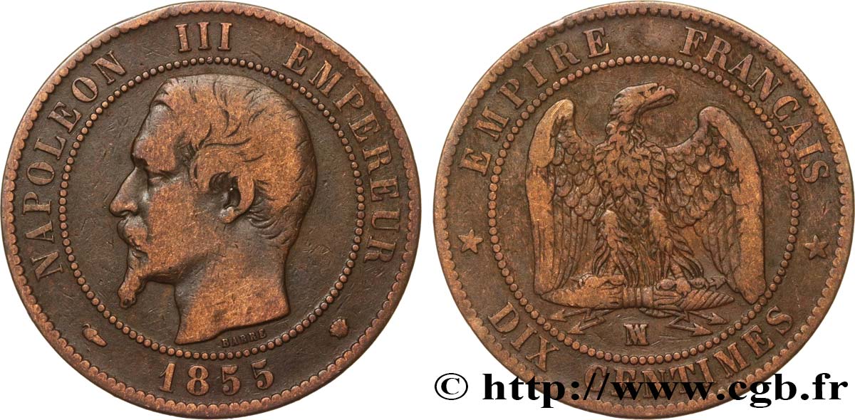 Dix centimes Napoléon III, tête nue, différent levrette 1855 Marseille F.133/30 BC25 