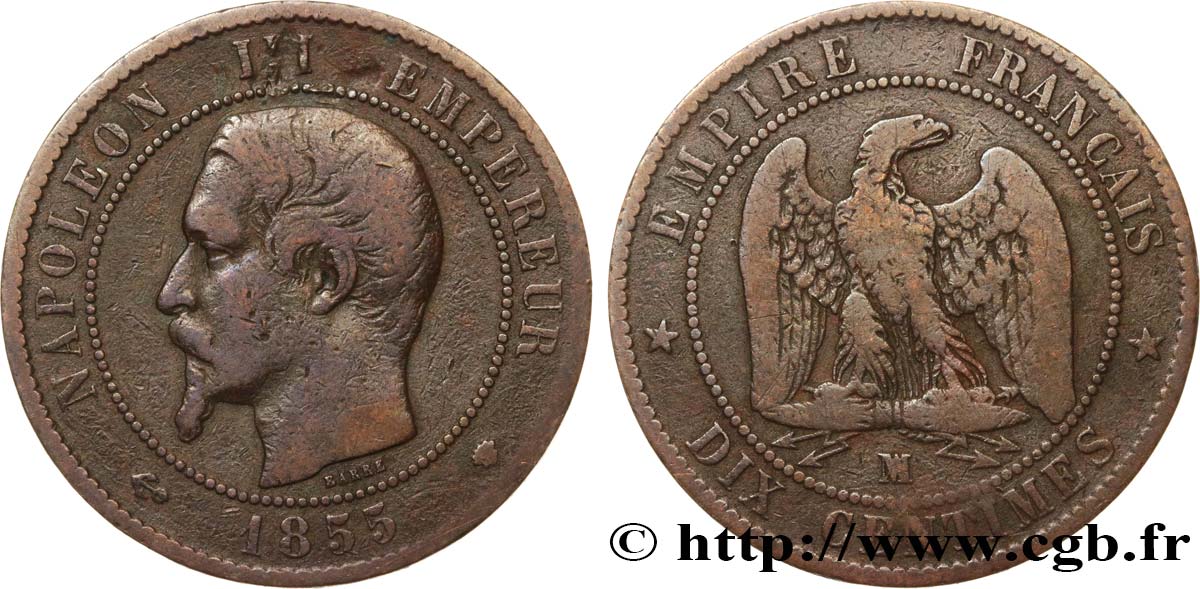 Dix centimes Napoléon III, tête nue 1855 Marseille F.133/31 BC20 