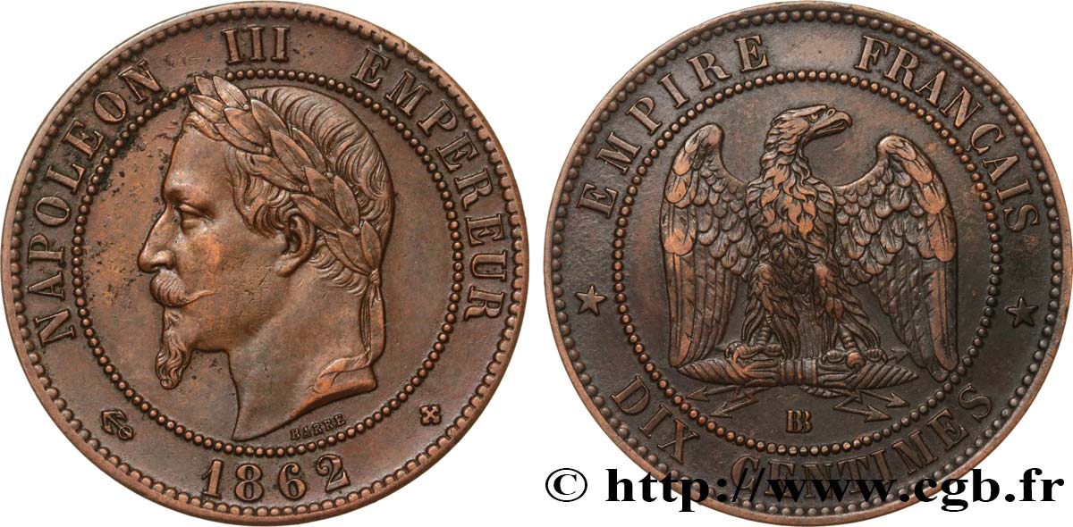 Dix centimes Napoléon III, tête laurée 1862 Strasbourg F.134/8 MBC48 