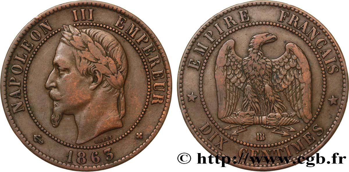 Dix centimes Napoléon III, tête laurée 1863 Strasbourg F.134/11 BC35 