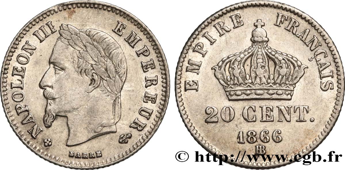 20 centimes III Napoléon tête laurée, petit module 1866 Strasbourg F.149/5 MBC40 