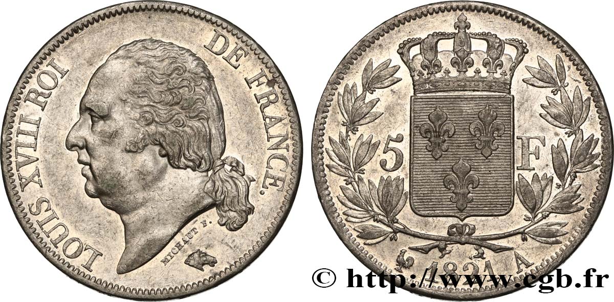 5 francs Louis XVIII, tête nue 1821 Paris F.309/60 SS54 