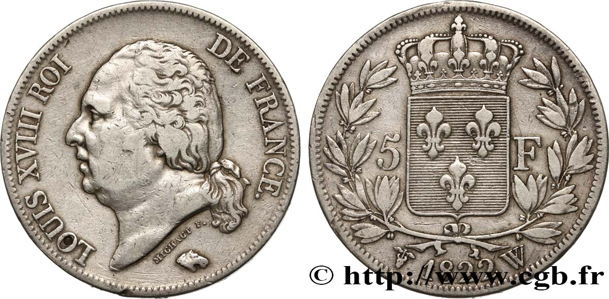 5 francs Louis XVIII, tête nue 1822 Lille F.309/75 TB25 