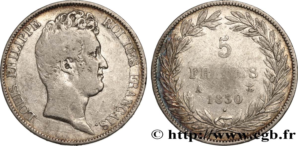 5 francs type Tiolier sans le I, tranche en creux 1830 Paris F.313/1 TB20 