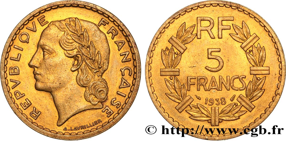 5 francs Lavrillier en bronze-aluminium 1938  F.337/1 AU 