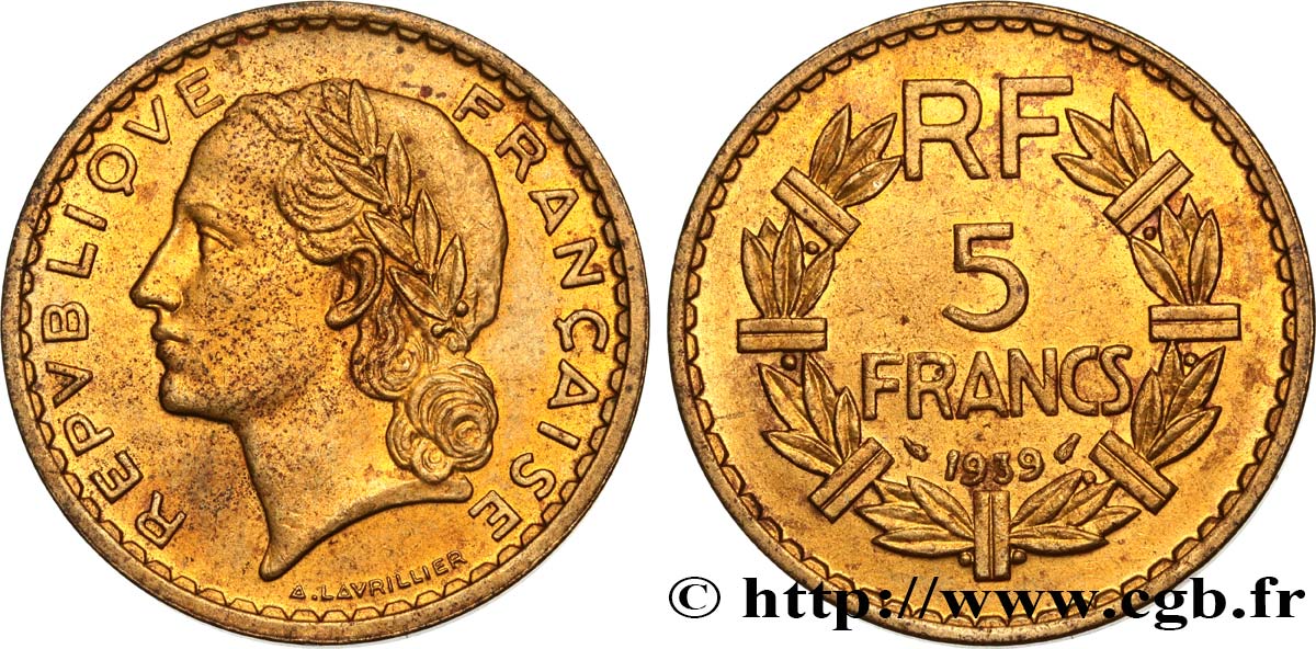 5 francs Lavrillier, bronze-aluminium 1939  F.337/3 MBC+ 