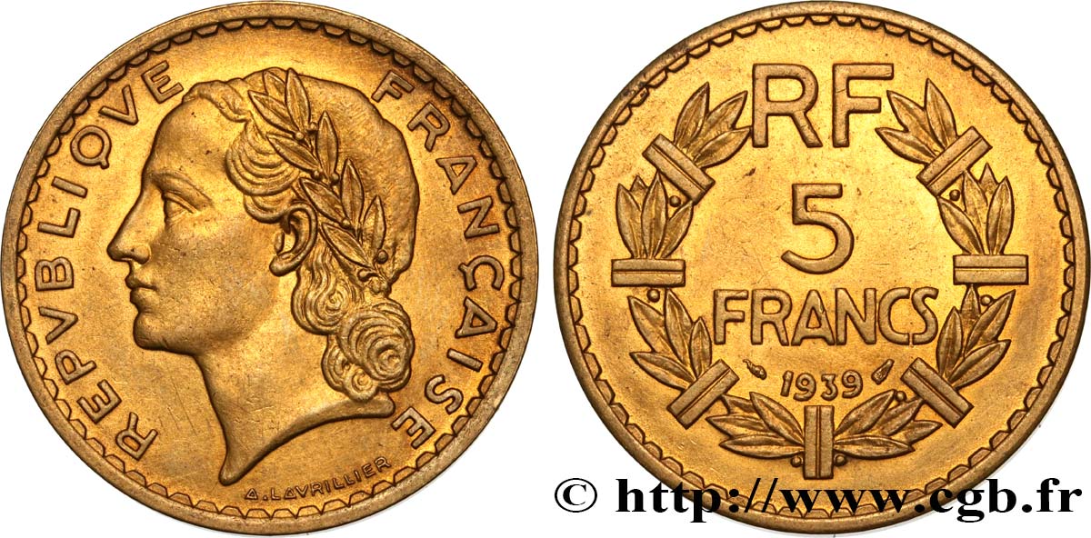 5 francs Lavrillier, bronze-aluminium 1939  F.337/3 TTB+ 
