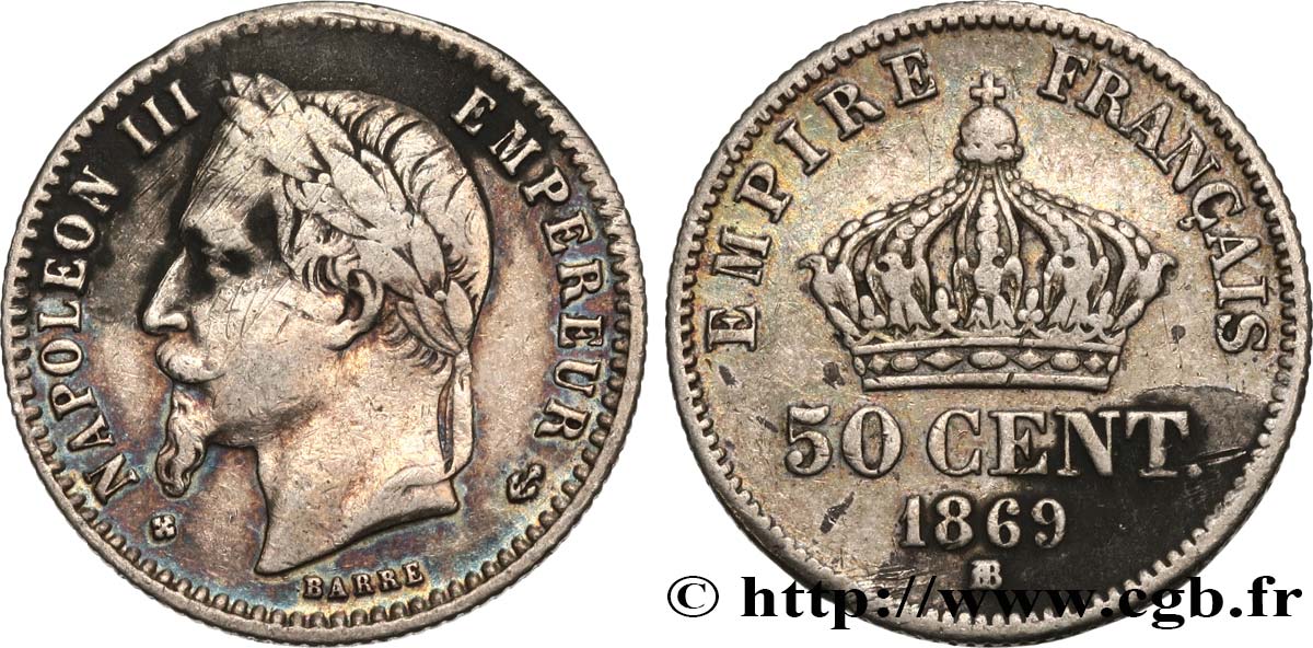 50 centimes Napoléon III, tête laurée 1869 Strasbourg F.188/23 B 