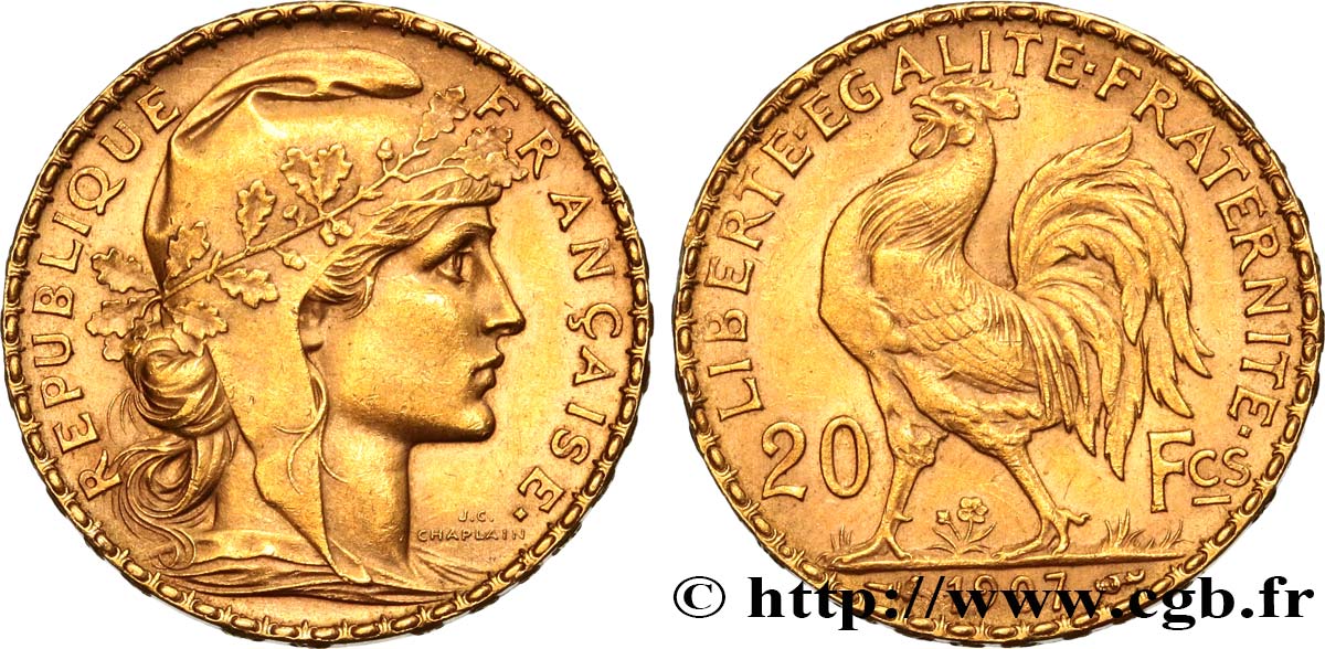 20 francs or Coq, Liberté Égalité Fraternité 1907 Paris F.535/1 AU 