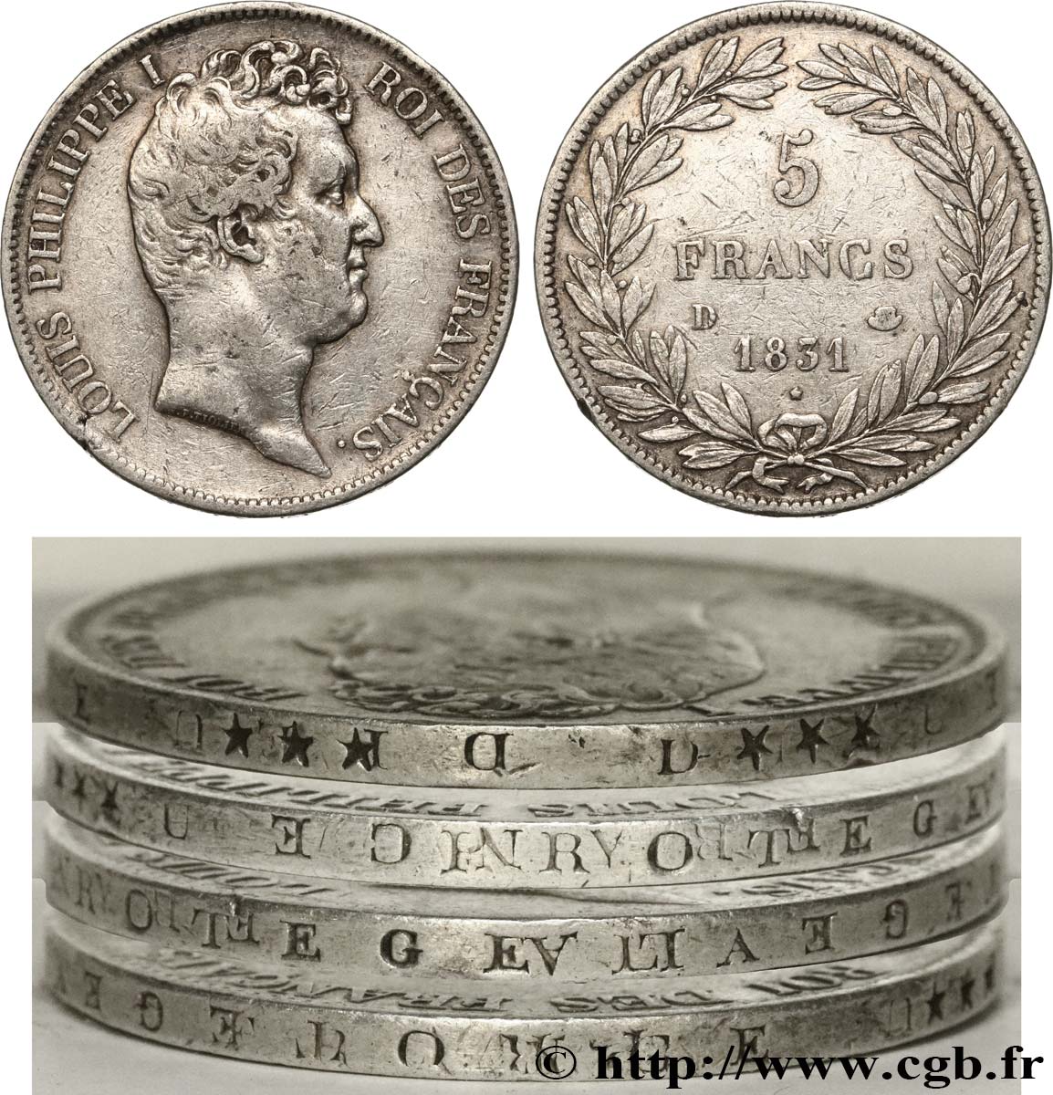 5 francs type Tiolier avec le I, tranche en creux FAUTÉE 1831 Lyon F.315/17 BC30 