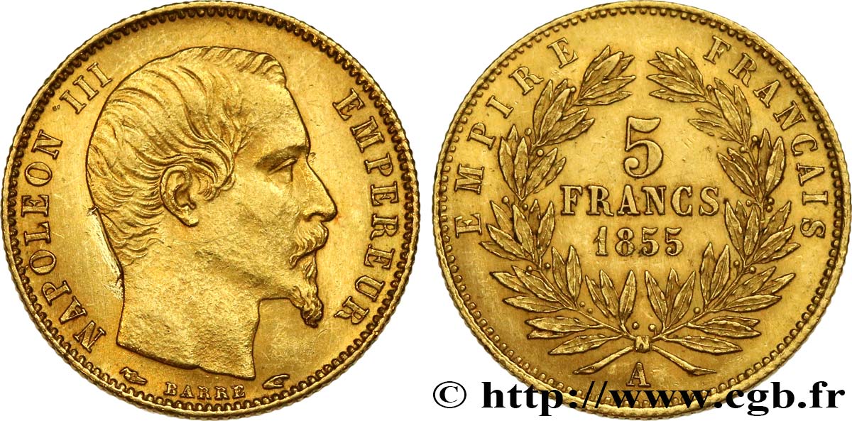 5 francs or Napoléon III, tête nue, petit module, tranche cannelée 1855 Paris F.500A/2 MS 