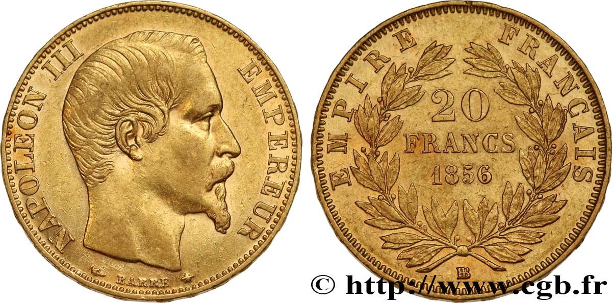 20 francs or Napoléon III, tête nue 1856 Strasbourg F.531/10 AU52 