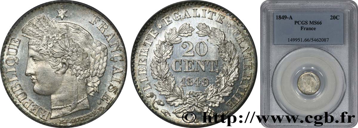 20 centimes Cérès, IIe République 1849 Paris F.146/1 FDC66 PCGS