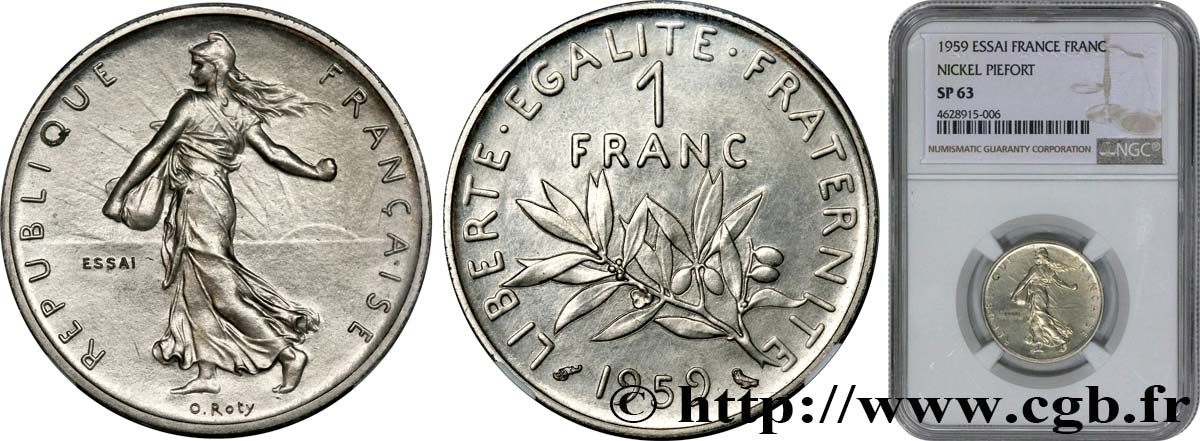Essai-piéfort de 1 franc Semeuse, nickel 1959 Paris GEM.104 EP MS63 NGC