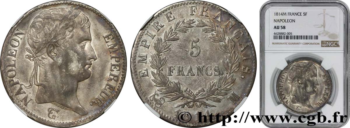 5 francs Napoléon Empereur, Empire français 1814 Toulouse F.307/82 VZ58 NGC