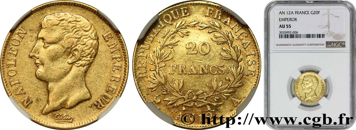 20 francs or Napoléon Empereur, buste intermédiaire 1804 Paris F.511/1 var. AU55 NGC